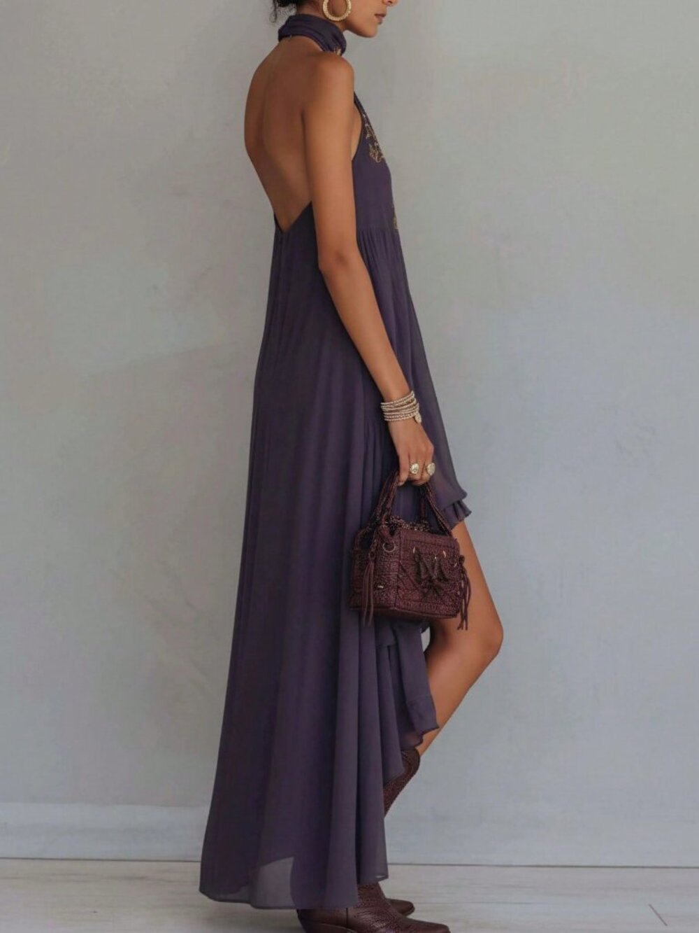 Dark Purple Casual Women's hi low Long Dress - Picture 5 of 7
